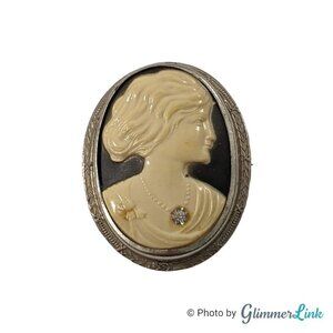 Vintage Oval Cameo Celluloid Off White Black Silver Tone Brooch Pin